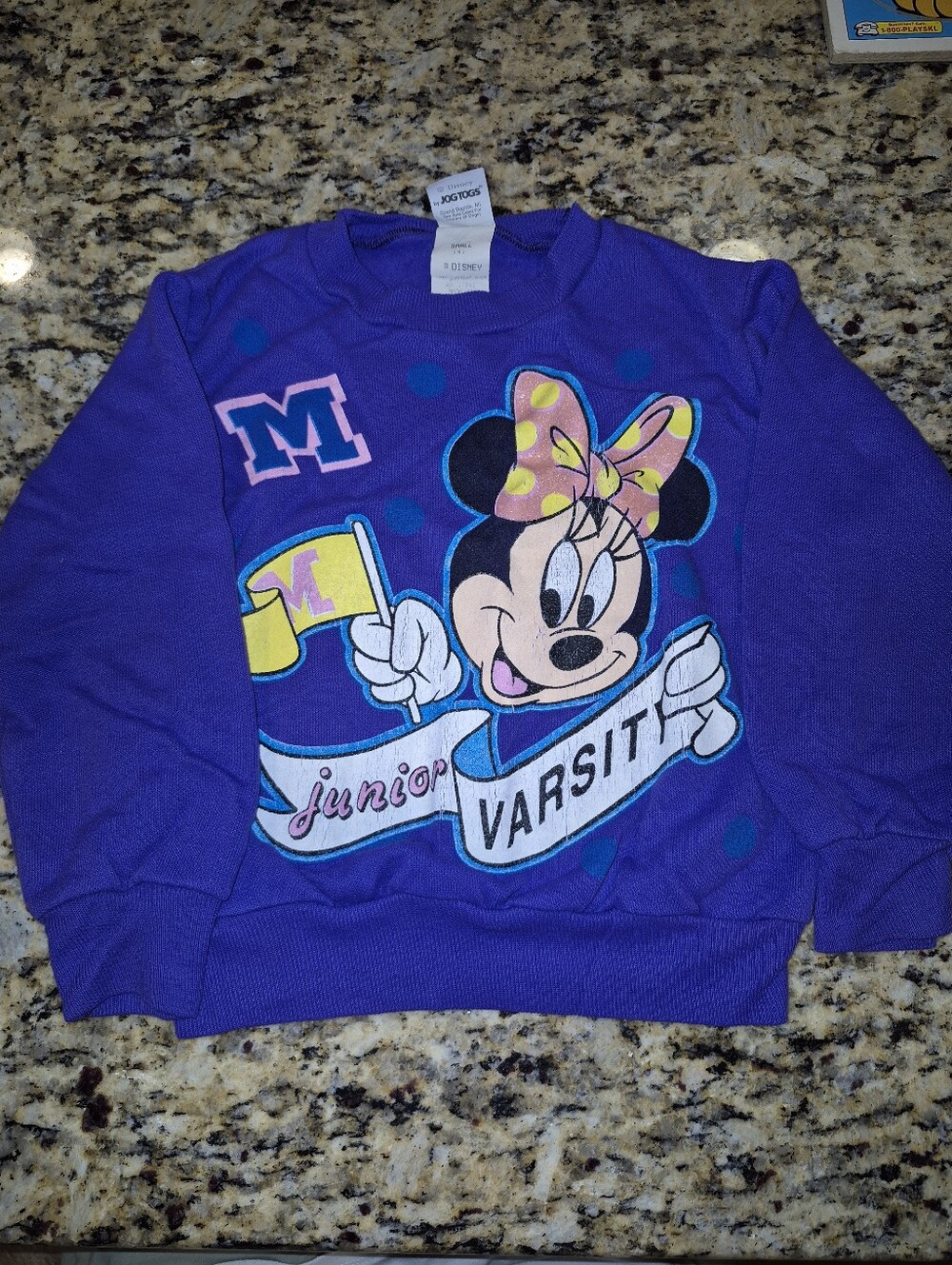 Vinrage Disney Purple Minnie Mouse Varsity Sweatshirt with Yellow Bow Accent